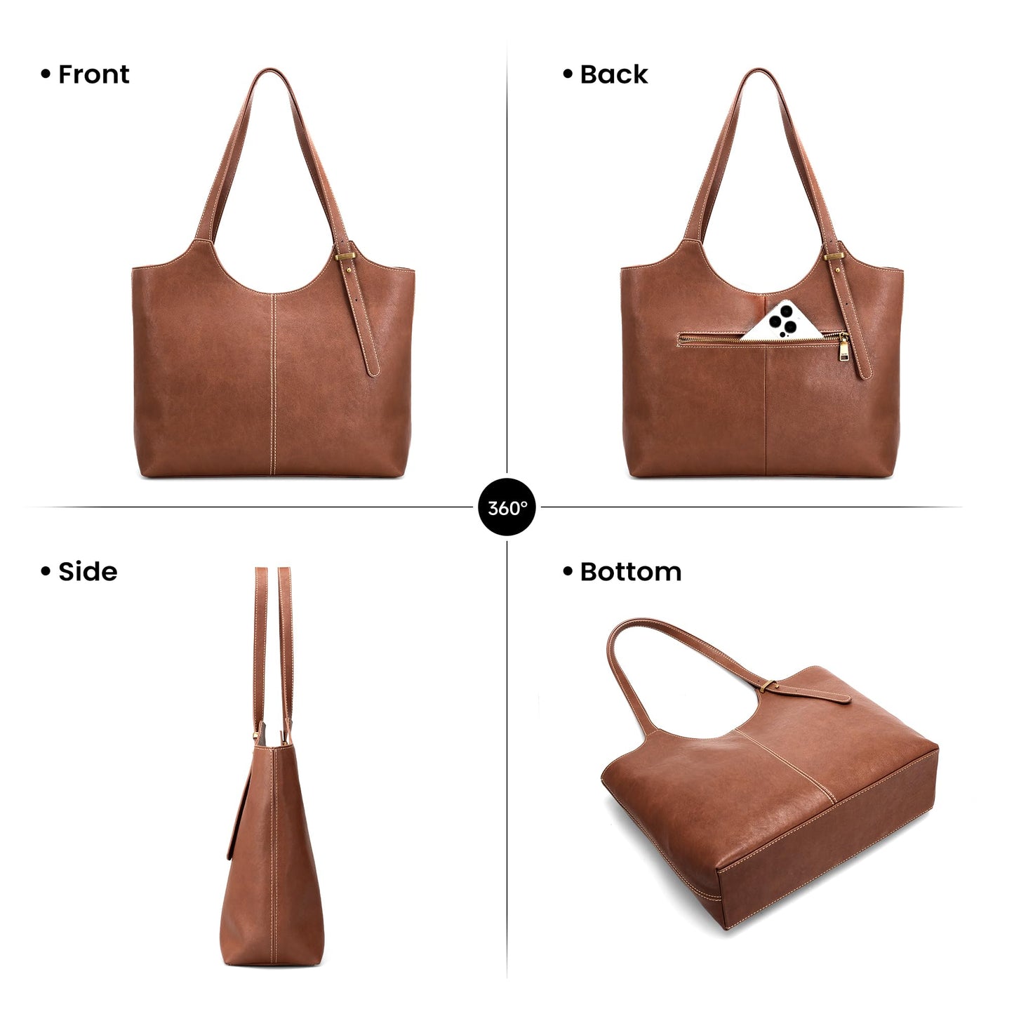befen Genuine Leather Tote Bags for Women Work, Real Brown Leather Shoulder Handbags Zippered Satchel Purses with Adjustable Strap for Casual Shopping Travel Taupe, Brown