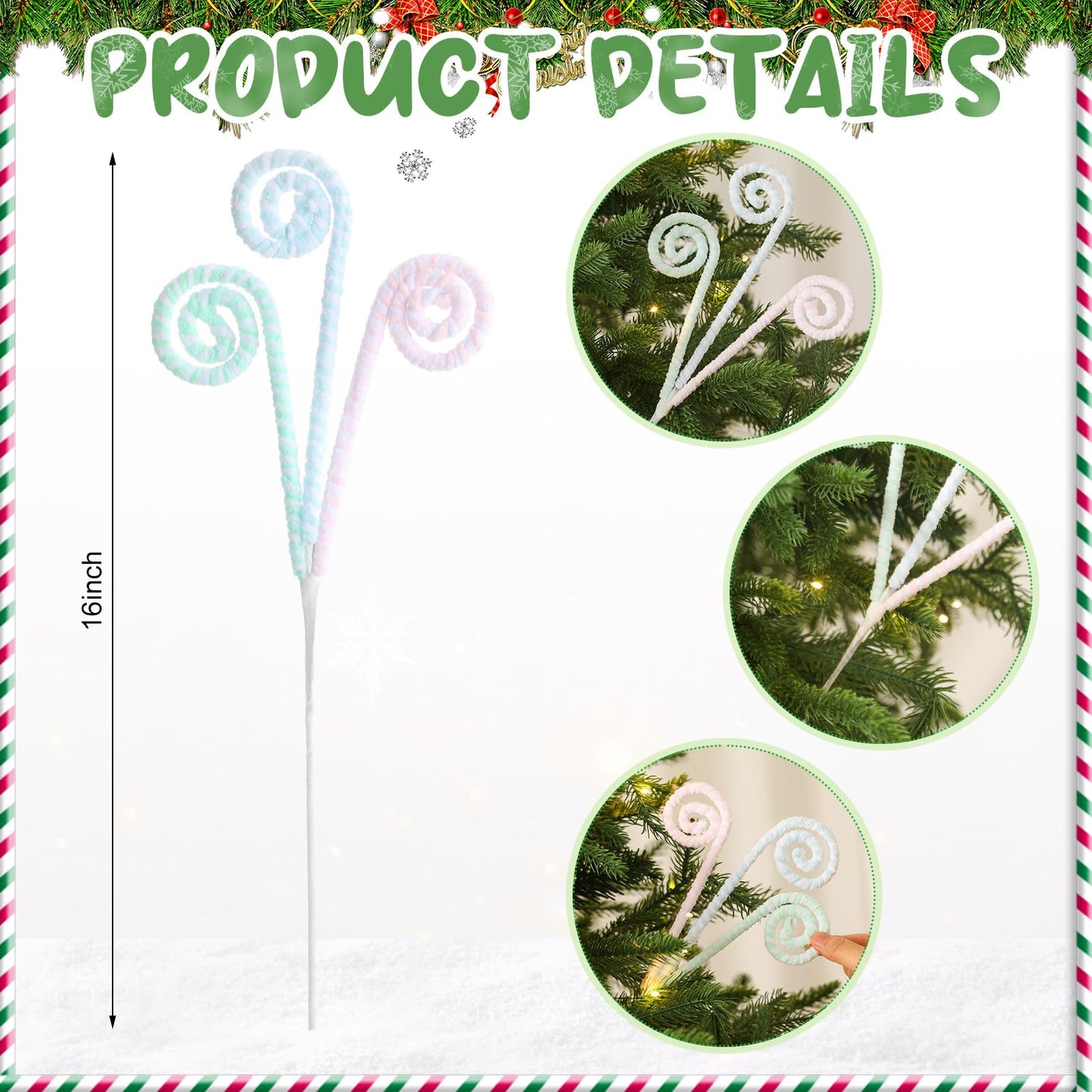 Gerrii 16" Pastel Christmas Decor Candy Cane Tree Picks Christmas Ornament Pastel Curly Pick Spray Macaron Stem Topper Large Lollipop Branches Stick for Home Wreath Vase Filler Craft Holiday Party