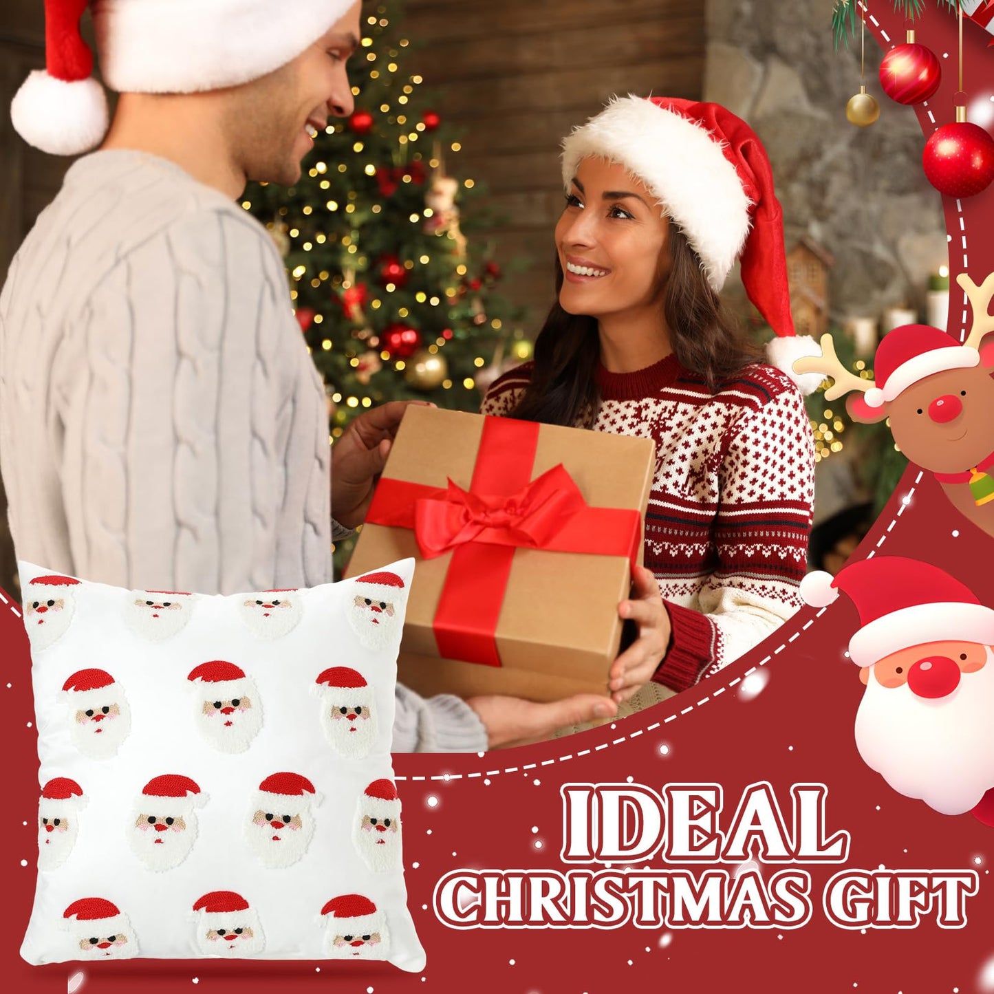 Hahafelt 2 Pcs Christmas Tufted Throw Pillow Covers 18 x 18 Inch Cute Santa Claus Soft Dutch Velvet Pillowcase Xmas Red White Square 3D Embroidery Cushion Cover Winter Holiday Decor for Sofa Couch Bed