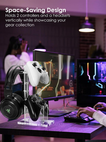 OAPRIRE Headset and Controller Stand, Space-Saving 2 Tier Game Controller Holder, Acrylic Controller and Headset Stand for Desktop, Universal Design Compatible with PS5/PS4/Xbox/Switch (Crystal Clear)
