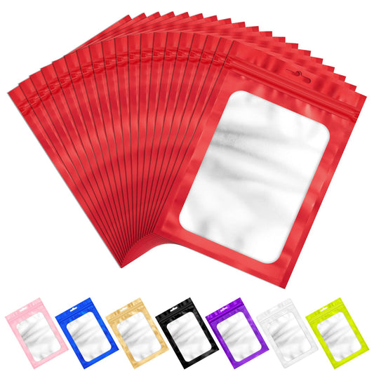 100 PCS Resealable Mylar Bags with Frosted Clear Window, Smell Proof Packaging Bags Foil Pouch Zip Bag for Food Self Sealing Storage Supplies Xmas Treat Bag (Red, 4.72x7.1)