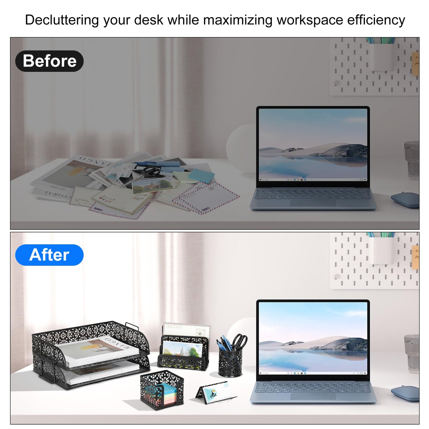 EasyPAG Desk Organizers and Accessories 5 Pieces Office Supplies Set - 2 Tier Paper Tray, Pencil Organizer for Desk, Mail Sorter Countertop, Business Card Holder and Sticky Note Holder, Black
