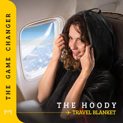 MasterManner Travel Blanket Airplane Compact with Hoodie – 2in1 Airplane Travel Accessories from Plane Blanket to Travel Pillow with Luggage Strap, Soft Handle & Secure Pocket