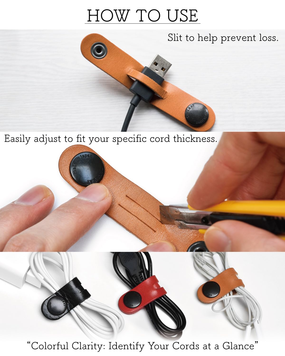 TAVARAT Cord Organizer, Long size, Cable Organizer, Charger Organizer, made in Japan, Genuine Leather, Cable Straps, (Long size, Red, set of 3)