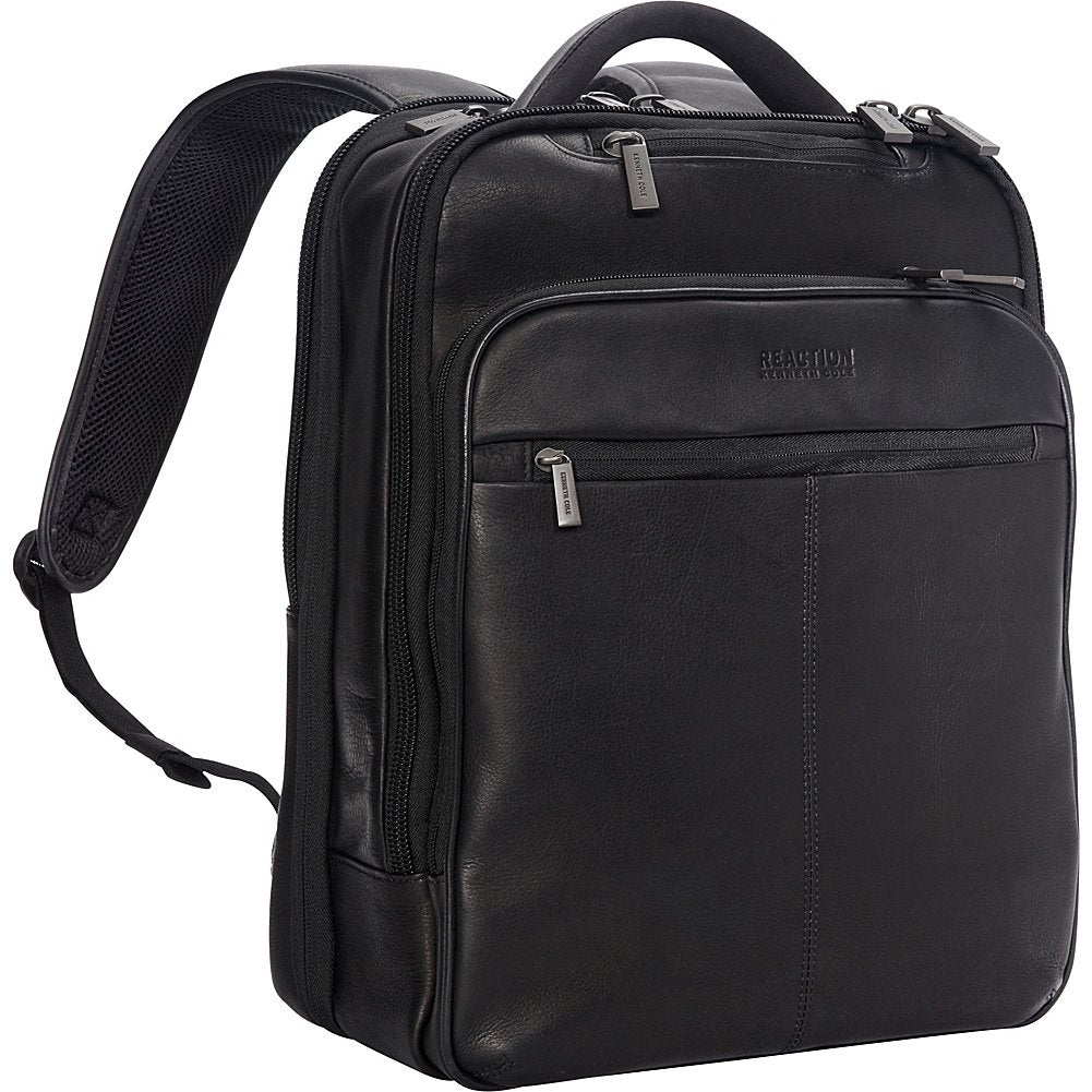 Kenneth Cole Reaction Manhattan Colombian Leather Slim 16" Laptop & Tablet Checkpoint-Friendly Anti-Theft RFID Business Book Bag Backpack, Black