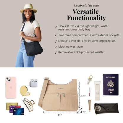 Baggallini Cross Over Crossbody Women 11x8.5 Medium Travel Bag Lightweight Water-Resistant Nylon Organized Handbag Purse