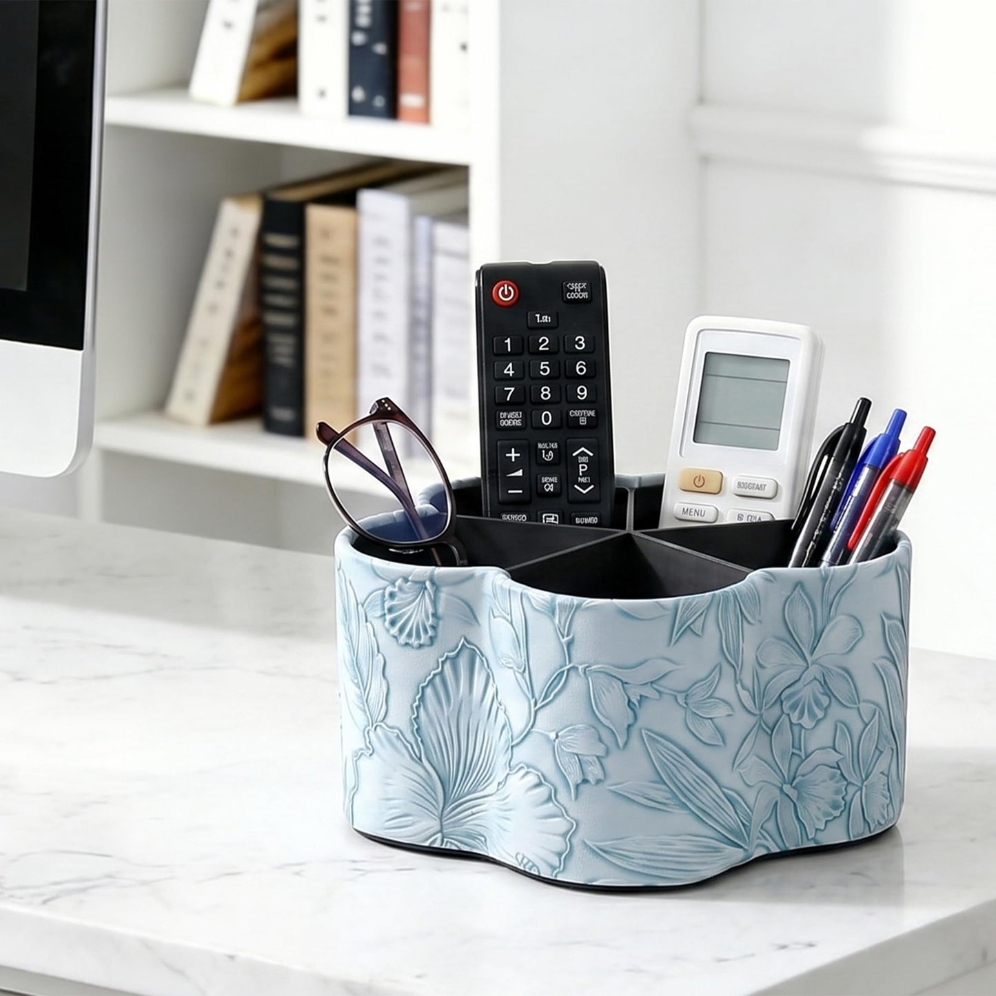 Lvkjafaz Flower Shaped Leather Art Supply Organizer,Remote Control Holder,360 Degree Spinning,Multi-Functional Pencil Holder,5 Compartments Desktop Stationary Organizer(1-Flower Blue)