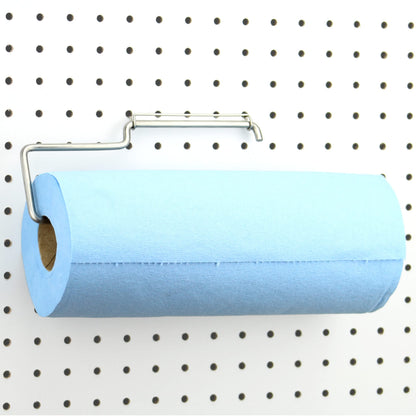 RightArrange One-Handed Tear Pegboard Paper Towel Holder - Stainless Steel - Hooks to Any Peg Board - Pegboard Accessories for Tool Shed, Garage, Workbench, Kitchen, Laundry or Craft Room Organization