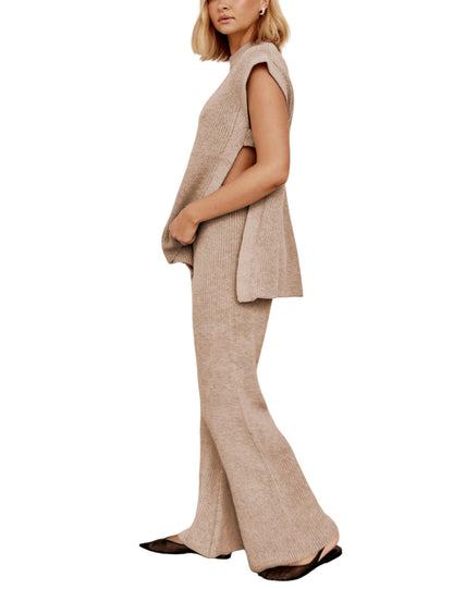 Lviefent Womens 2 Piece Outfits Sweater Set Sleeveless Side Slit Pullover Top Knit Wide Leg Pants Lounge Matching Sets (Khaki-M)