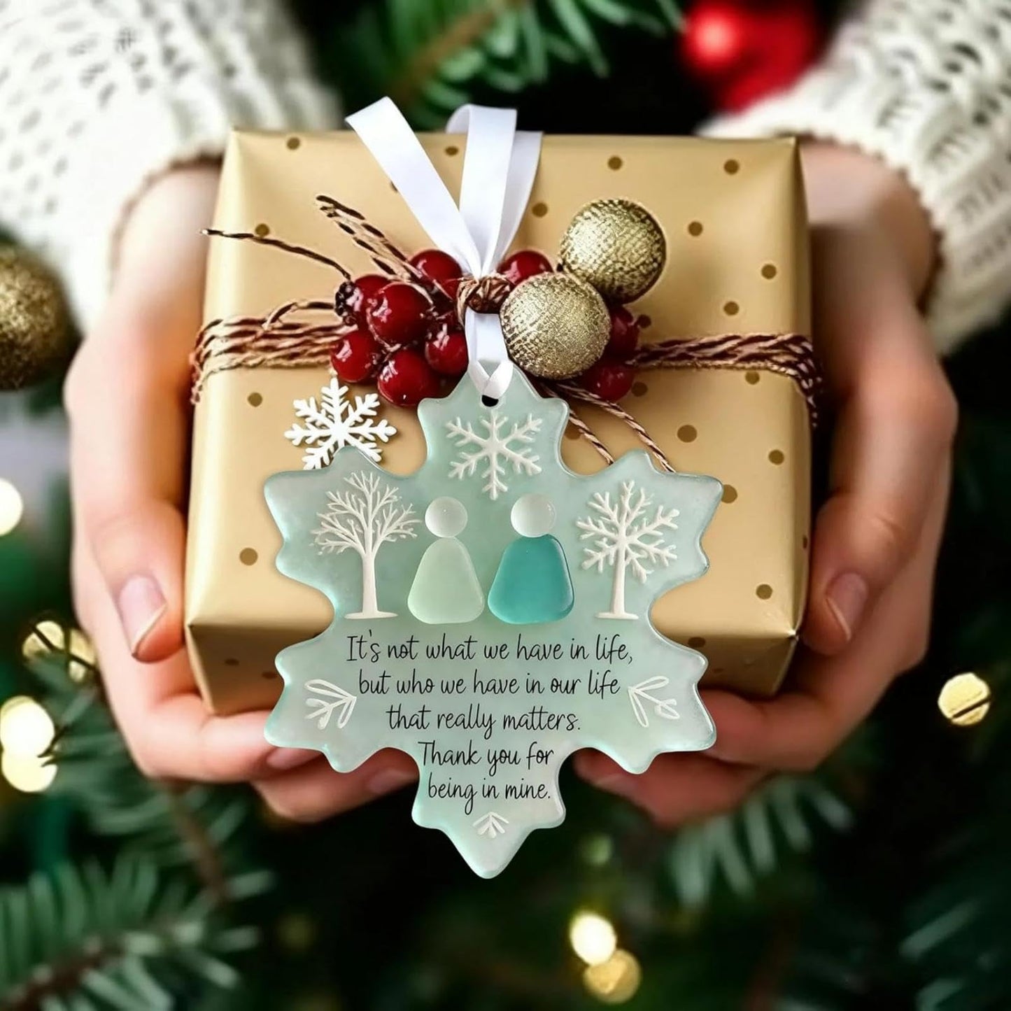 Friendship Snowflake Keepsake Ornament, Sea Glass Friendship Decor, Christmas Tree Seaglass Heart-Shaped Hanging Decorations for Best Friends, Friendsgiving Gifts for Bestie(2pcs B)