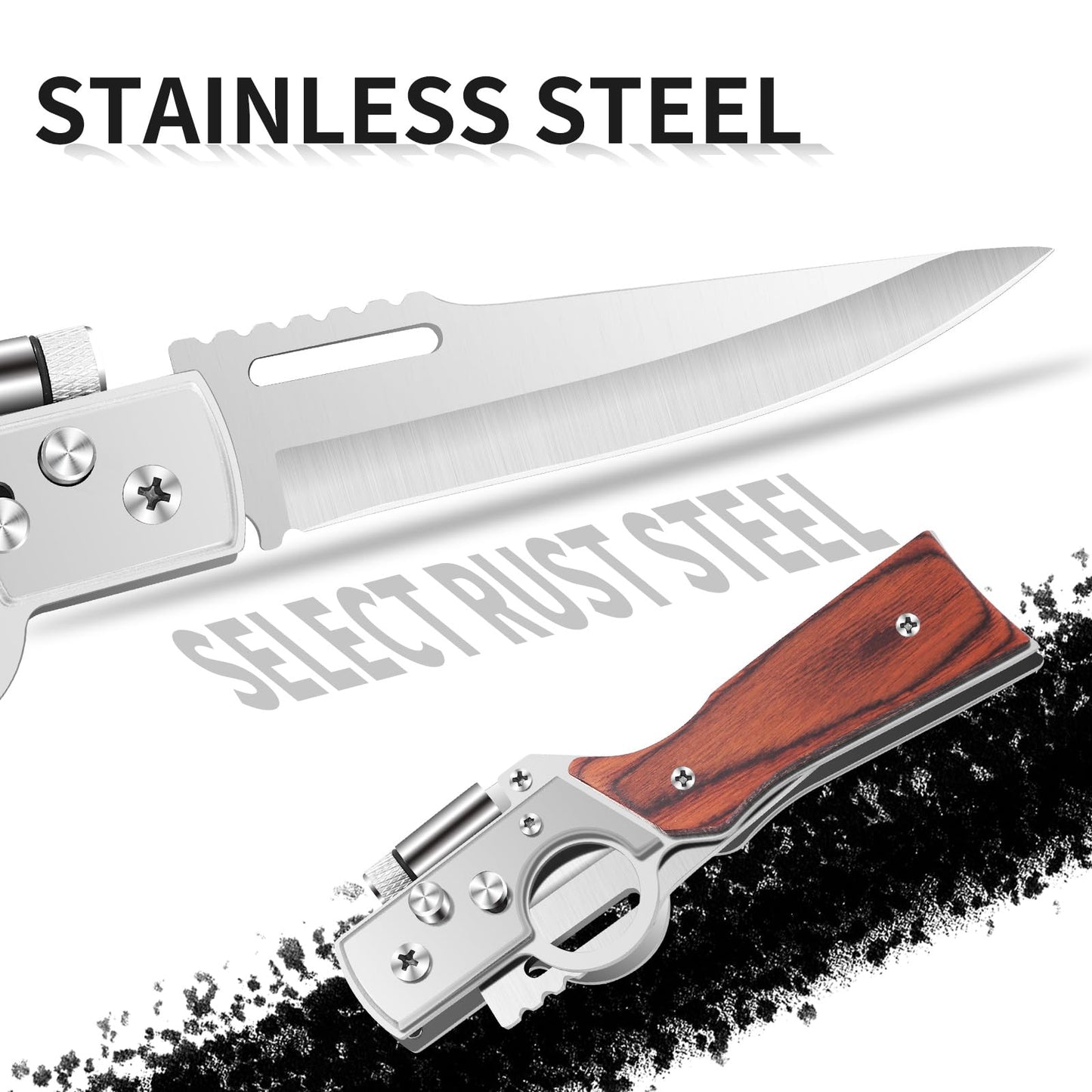 Uninuou AK47 Style Tactical Folding Knife 4-Pack – Bulk Set with LED Light, Wood Handle, Laser Engraving Ready, Groomsmen Gifts for Men, Outdoor Camping Hiking Gear (4)