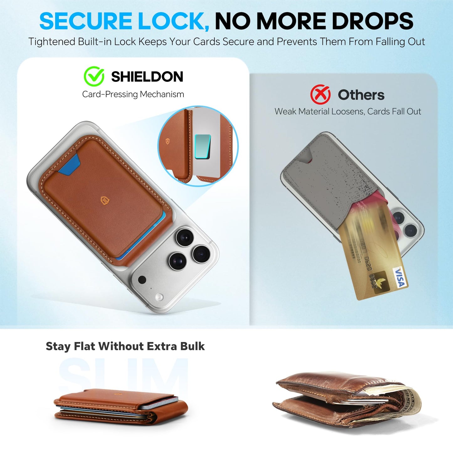 SHIELDON Genuine Leather Card Holder for Phone, Strong Magnetic Wallet for MagSafe with Adjustable Stand, RFID Blocking Mag Wallet for iPhone 17/17e/16/15/14/13/12/Pro/Max/Air/Plus Men & Women - Brown
