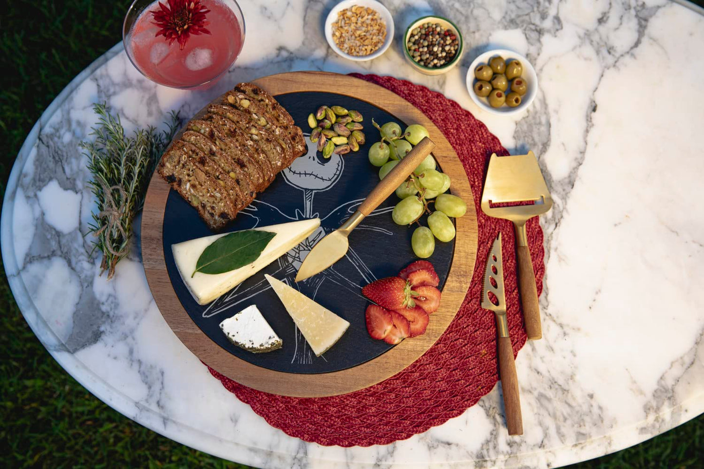 TOSCANA - a Picnic Time brand - Disney Nightmare Before Christmas Jack Insignia Cheese Board & Knife Set, Charcuterie Board, Serving Platter, (Acacia Wood & Slate Black with Gold Accents)