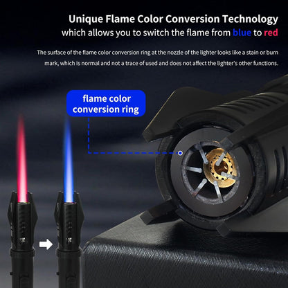 Torch Lighter, Bright Fire Lighter with Safety Lock and Adjustable Red/Blue Flame, Refillable Butane Gas Windproof Jet Flame Cool Lighters, for Candles Campfires BBQ Baking, Camping, Gift