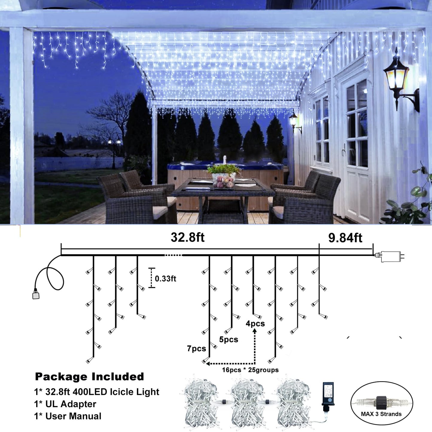 Icicle Lights for Outside - 33FT 400 LED Icicle Christmas Lights Outdoor with 75 Drops 8 Modes Timers, Waterproof Connectable Hanging Lights for Indoor Eaves Wedding Patio Decorations, Cool White