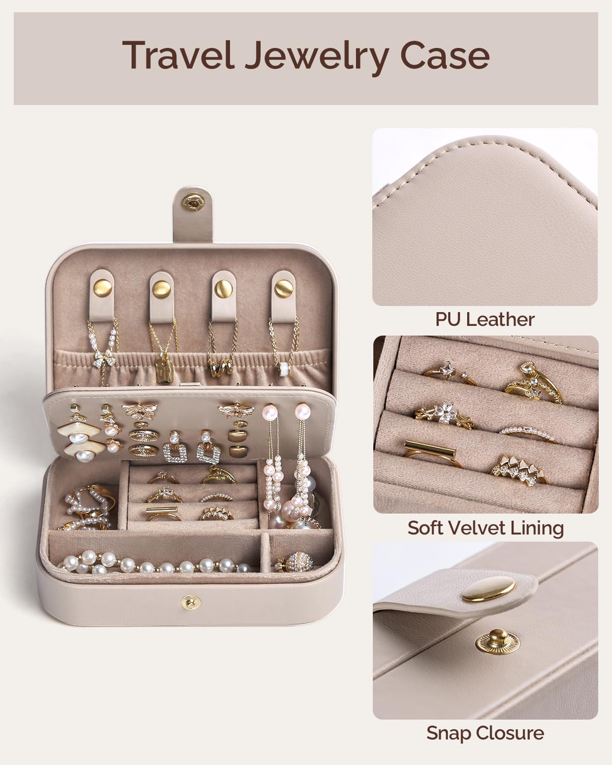 BIQI MUSSE Jewelry Travel Case, Portable Travel Jewelry Box for Women, PU Leather, Snap Closure, Jewelry Holder Organizer Travel Essentials, Light Taupe