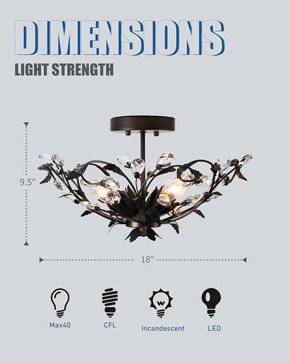 Vintage Crystal Ceiling Light Fixture, Black, 4-Light, C1973-4, 12x7.5x12 inches, Modern, Indoor, Flush Mount, Dimmable, Kitchen, Hallway, Living Room