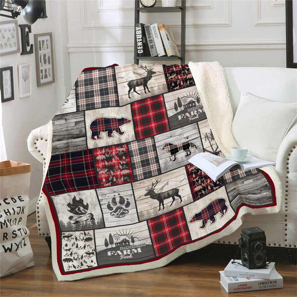 Belperan Wolf Bear and Deer Throw Blanket Rustic Cabin Decor Woodland Blanket Plaid Christmas Blanket Gifts for Women Southwestern Farmhouse Decor for Couch Bed Livingroom
