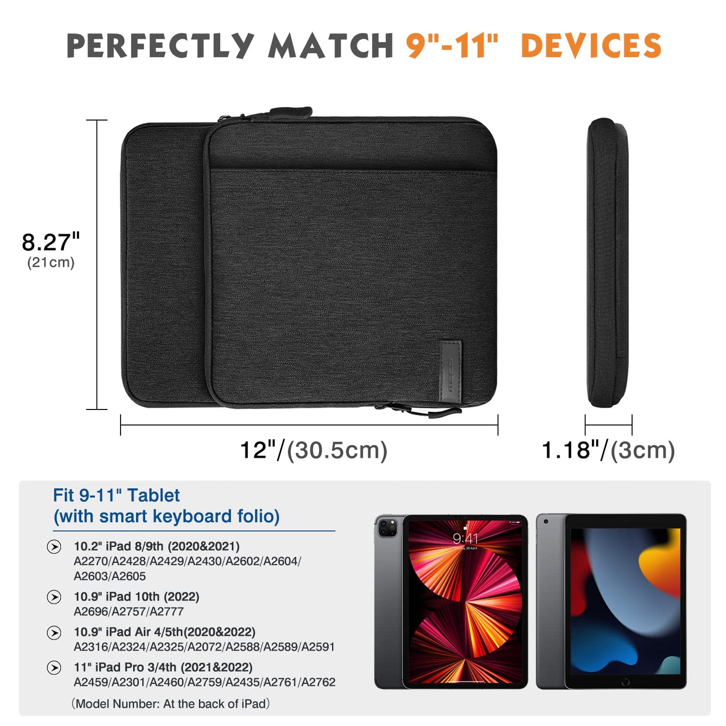 MoKo 9-11 Inch Tablet Sleeve Bag Carrying Case with Storage Pockets Fits New 11-inch iPad Air M4 2026/iPad Pro M5, iPad Pro/A16 11, iPad Air 5/4th 10.9, iPad 9/8th 10.2, Tab S8/S9 11,Black & Gray