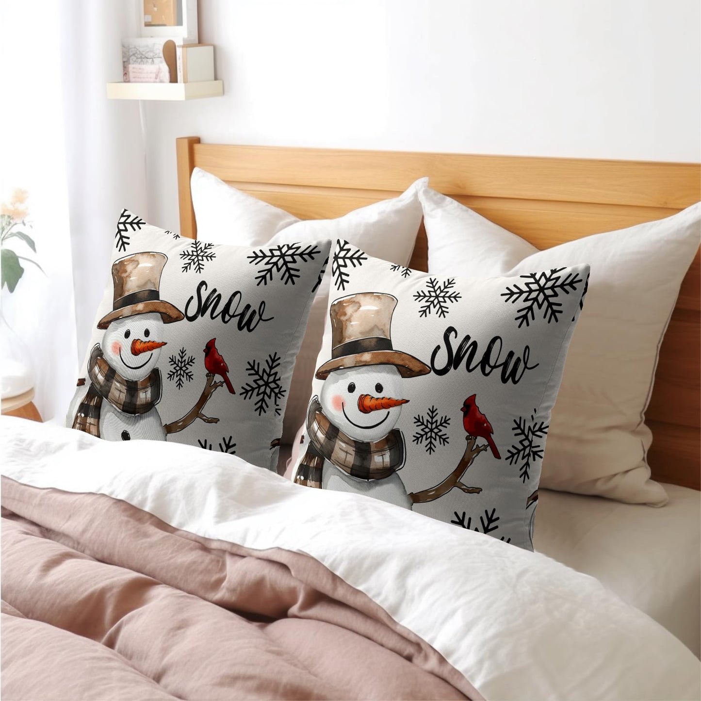 Snowman Throw Pillow Cover Christmas Pillowcase 18x18 Inch Set of 2 Snowflake and Red Cardinal Bird Decorative Cushion Cover Winter Holiday Pillow Protector for Home Sofa Bedroom Decor