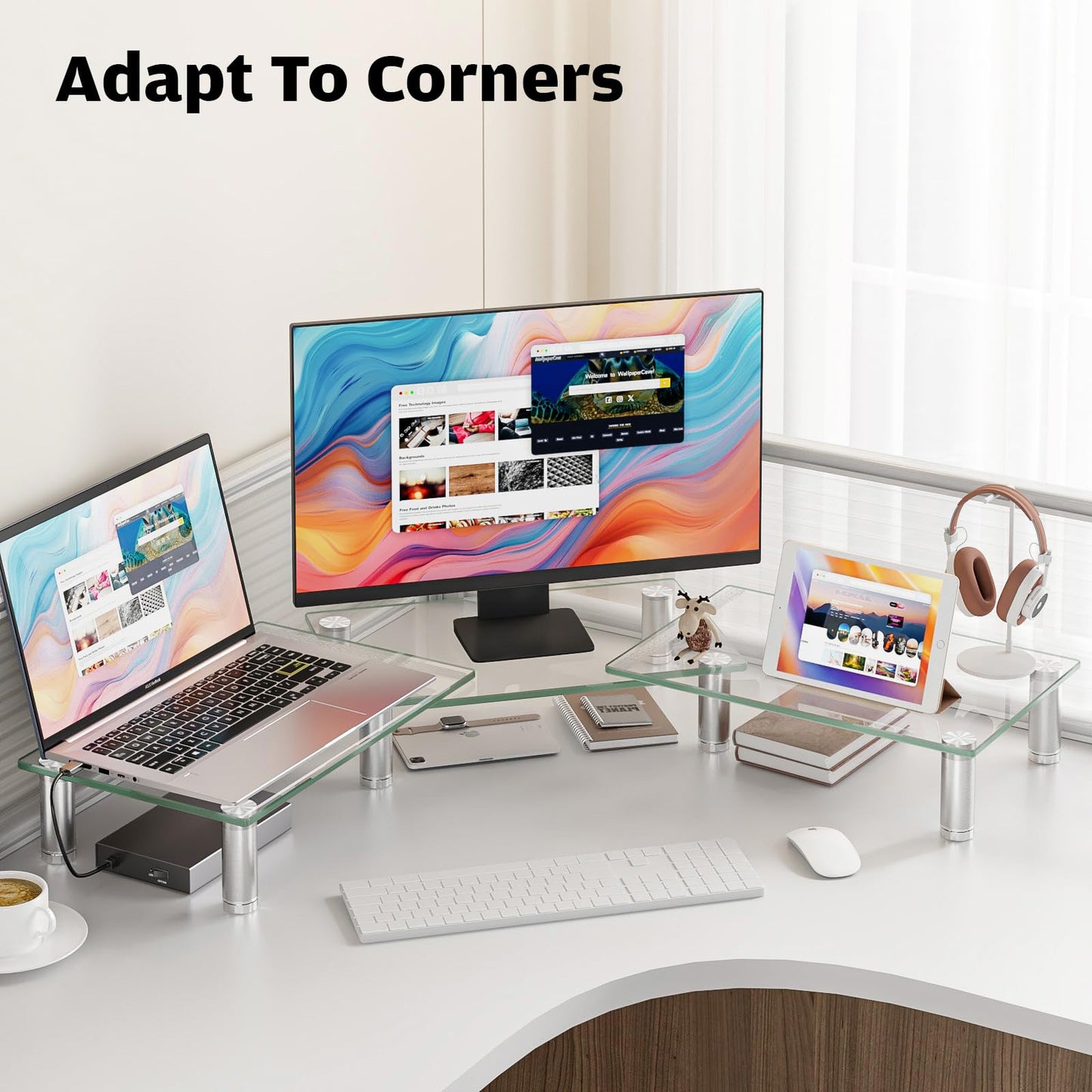 Hemudu Dual Monitor Stand -Adjustable Length and Angle Dual Monitor Riser, Desktop Organizer for PC, Computer, Laptop (Clear)