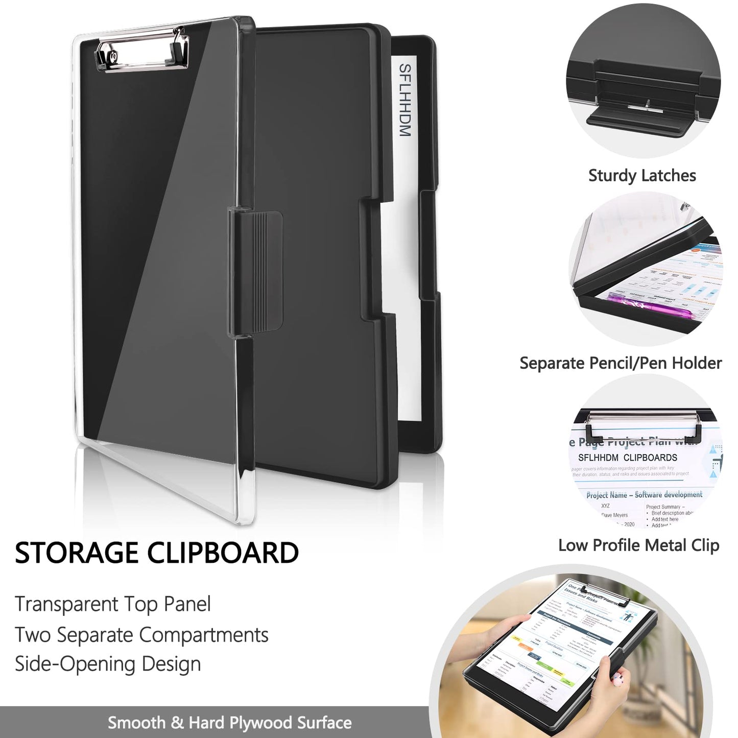 SFLHHDM Clipboard with Storage,Heavy Duty Clip Boards 8.5x11 with 2 Storage Case,Clear Visible Panel Storage Clipboards,Side Opening Nursing Clipboard Folder for Office Supplies-Black