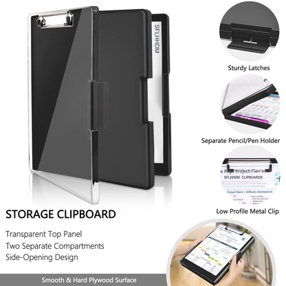 SFLHHDM Clipboard with Storage,Heavy Duty Clip Boards 8.5x11 with 2 Storage Case,Clear Visible Panel Storage Clipboards,Side Opening Nursing Clipboard Folder for Office Supplies-Black
