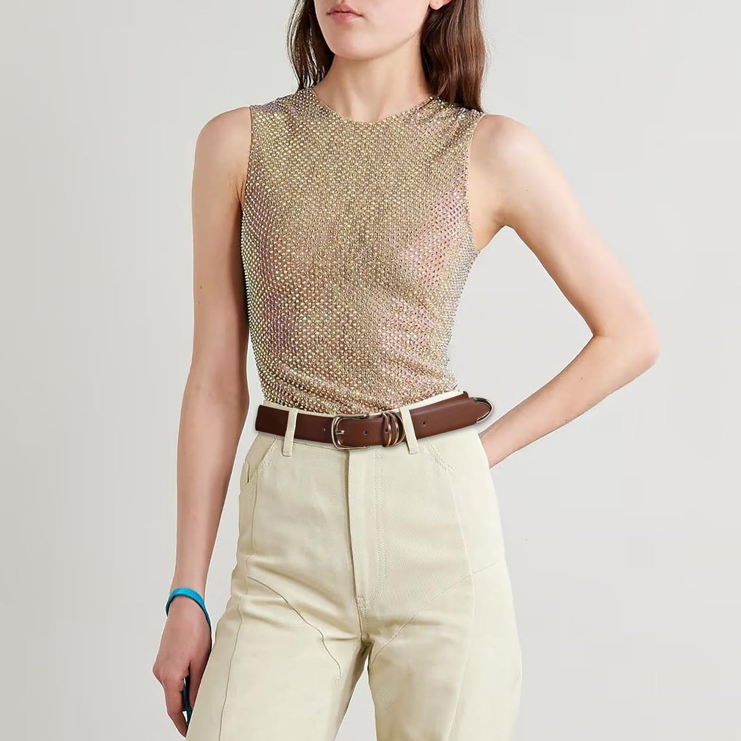 AI DEEBLUE Brown Belts for Women with Gold Buckle Faux Leather Belts Fashion Casual belts for jeans