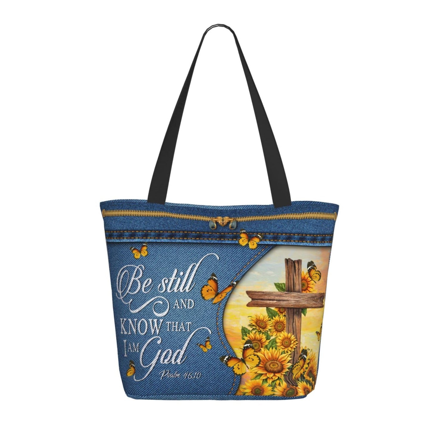 Sunflower Butterfly And Cross Bible Print Tote Bag Christian Gift Bible Women'S Handbag Christian Gifts Zippered Inspirational Tote Bags For Women Bible Verse Shoulder Bag Art Tote For Fit Work