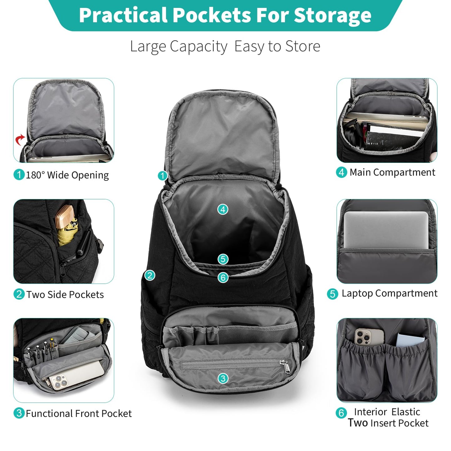 NOL Natural Organic Lifestyle Women's Quilted Puffer Backpack, Large Waterproof Lightweight Puffy Bookbag, Carry on Daypack for Travel, Work (Black)