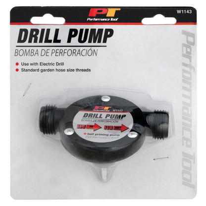 Performance Tool W1143 Liquid Transfer Pump for Corded/Cordless Drills - 225 GPH, 3/4-Inch Max Hose Diameter, Self-Priming, Corrosion-Resistant Shaft