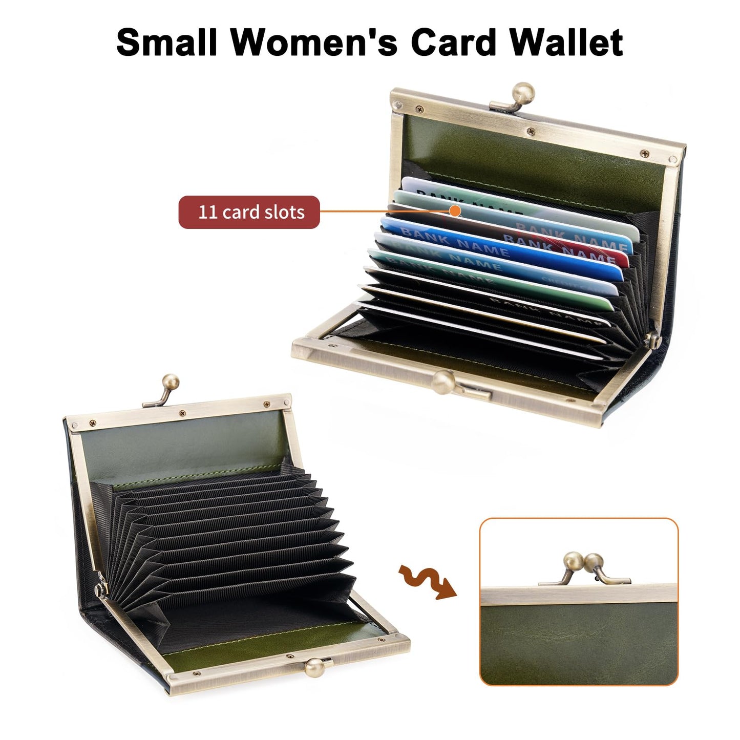 GOIACII Credit Card Holder Vintage Wallet for Women Genuine Leather Ladies Card Cases with Kiss Lock Small Green