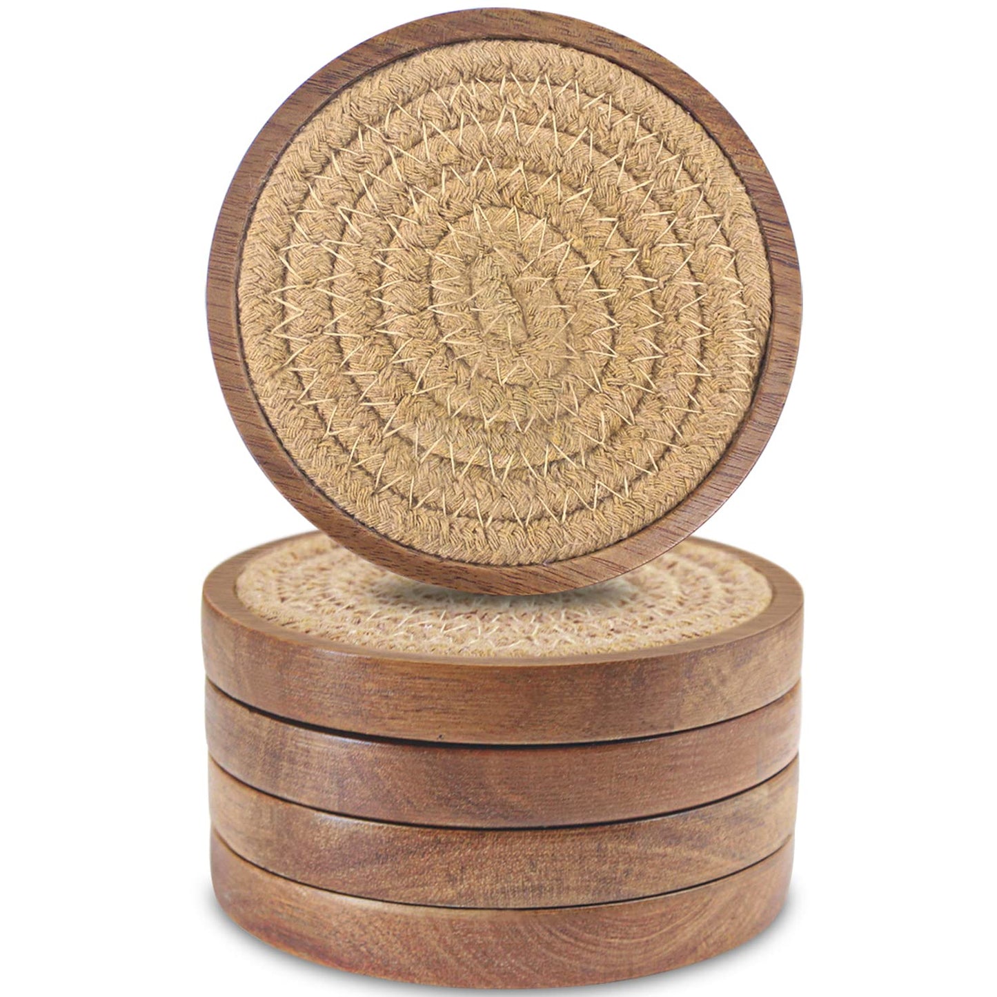 Wood Coasters for Drinks, Eykao Absorbent Coaster Sets of 5, Woven Drink Coasters for Coffee Table, Housewarming Gift for Farmhouse Home Decor,4 inches