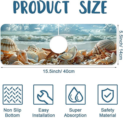 Beach Kitchen Sink Splash Guard Faucet Mat Shells Starfish Waves Super