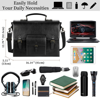 Leather Messenger Bag for Men Women 15.6 Inch Waterproof Vintage Leather Laptop Briefcase Large Satchel Shoulder Bag Office Travel College Computer Laptop Bag, Black