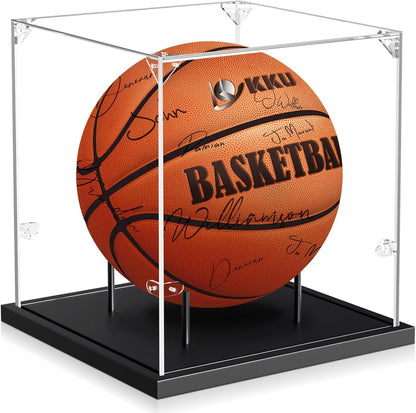 KKU Basketball Display Case, Acrylic Clear Full Size Basketball Case with Solid Wood Base,UV Protected Soccer Basketball Display Stand for Autographed Standard Memorabilia Keepsake, Black