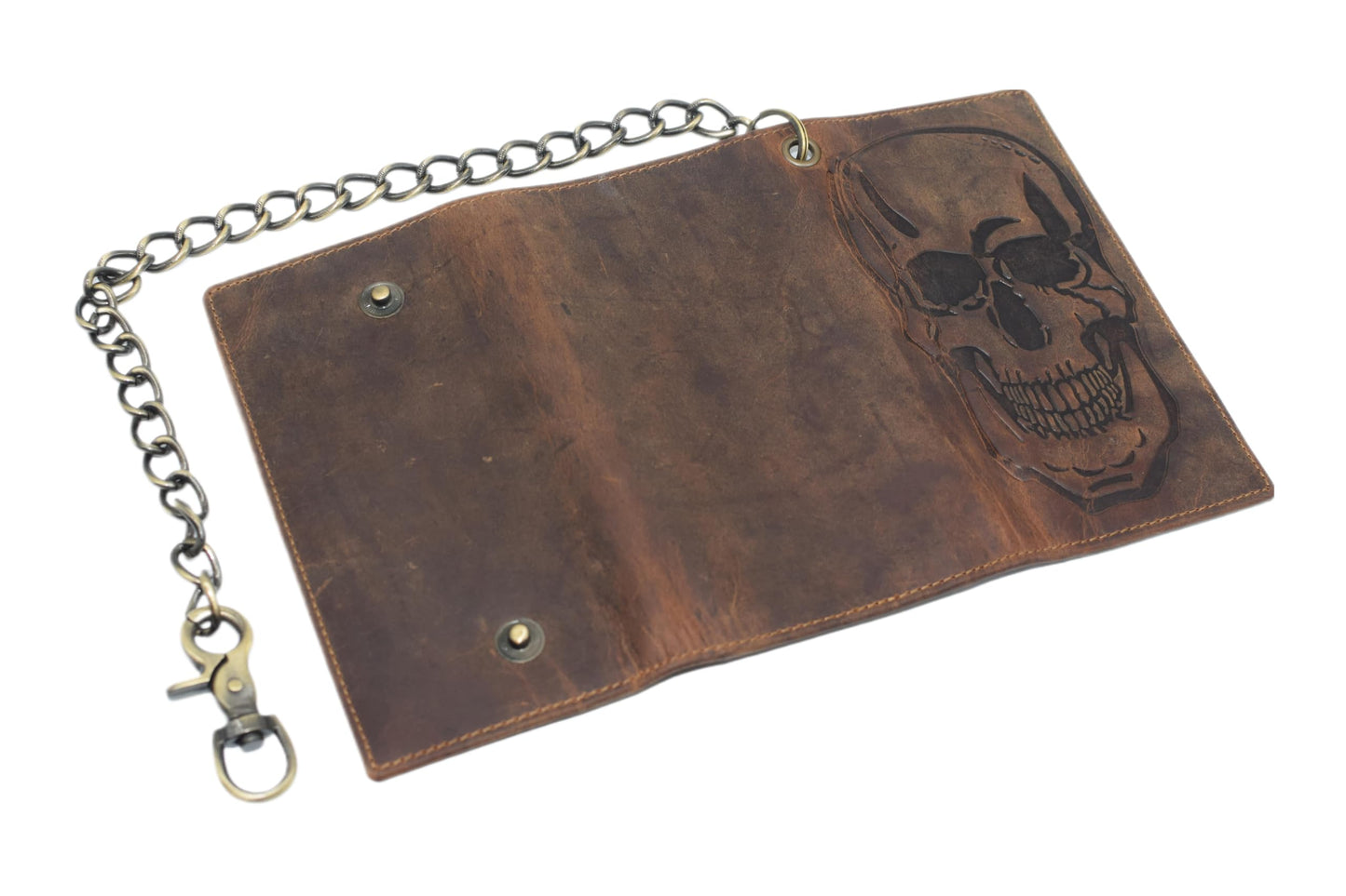 CAZORO Biker Skull Chain Wallet RFID Signal Blocking Men's Vintage Leather Long Tri-fold Chain Checkbook Card ID Wallet (Skull Brown)
