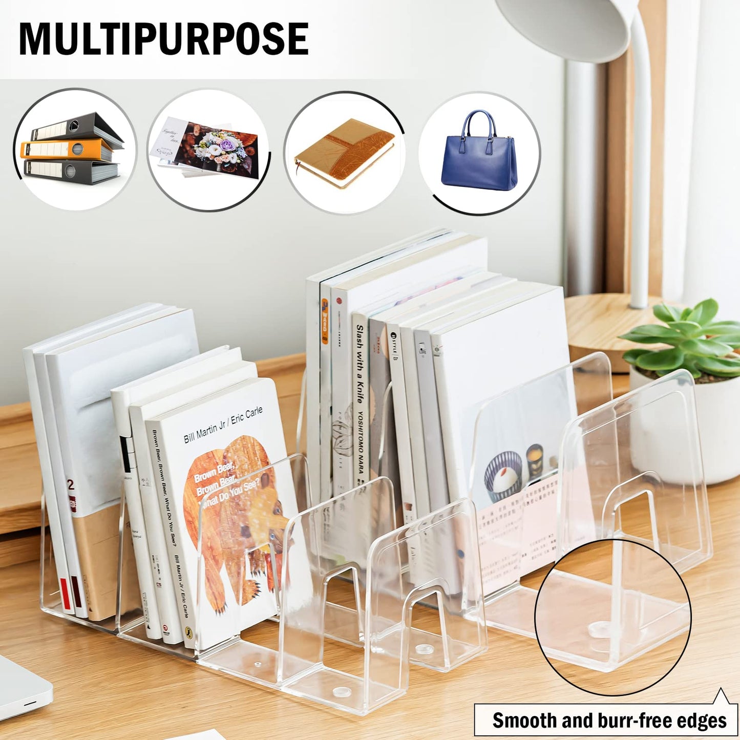 Lunmore Clear Desktop Book Organizer, Creative Book Stand, Divider Bookshelf for Home School and Office, Non-Acrylic Stand Bookshelves (4 Sections), Transparent, Pack of 2