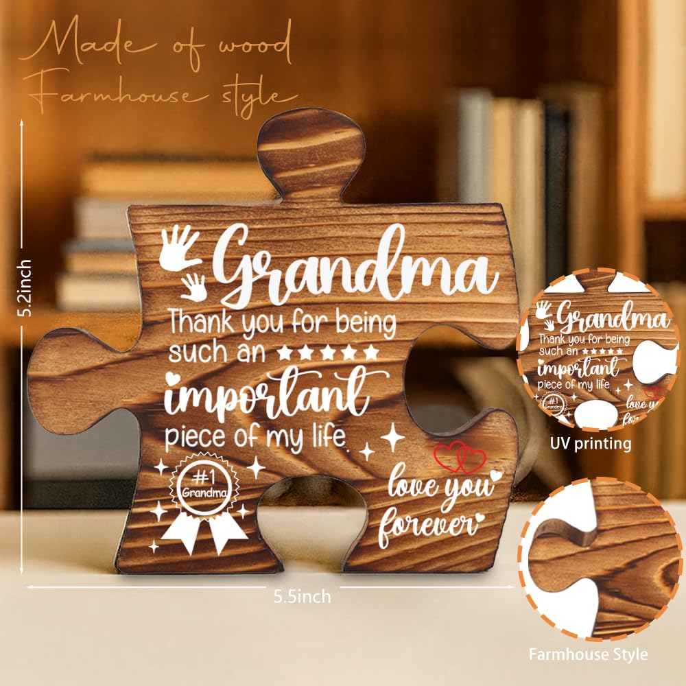 Grandma Puzzle Piece Gift Appreciation Plaque Family Love Sign Wooden Desk Decor for Grandmother Birthday Mothers Day Gift from Grandkids Decorative Signs & Plaques-LMP40