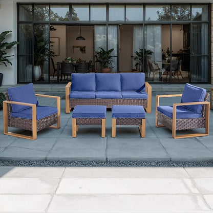 Rilyson Outdoor Wicker Patio Furniture Set - 5 Piece Patio Conversation Set with 2 Wicker Armrest Chairs,2 Rattan Ottoman and 1 Couch,Sturdy Frame,Thick Cushions,Deep Seating(Brown/Blue)