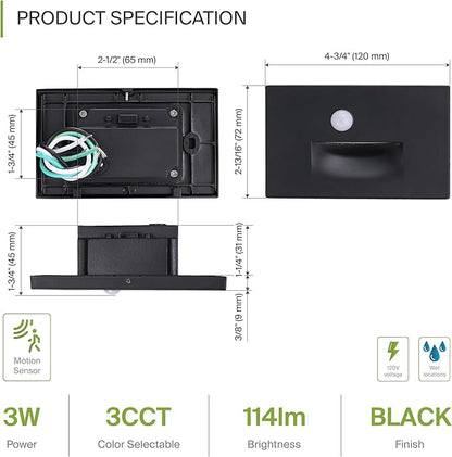 ASD LED Recessed Step Light Fixture, Outdoor & Indoor Stair Tread Lighting | 3CCT, Motion Sensor, Waterproof, ETL Listed | 3W 120LM 3000K-5000K 120V | Staircase Hardwired Illumination | Black, 12 Pack