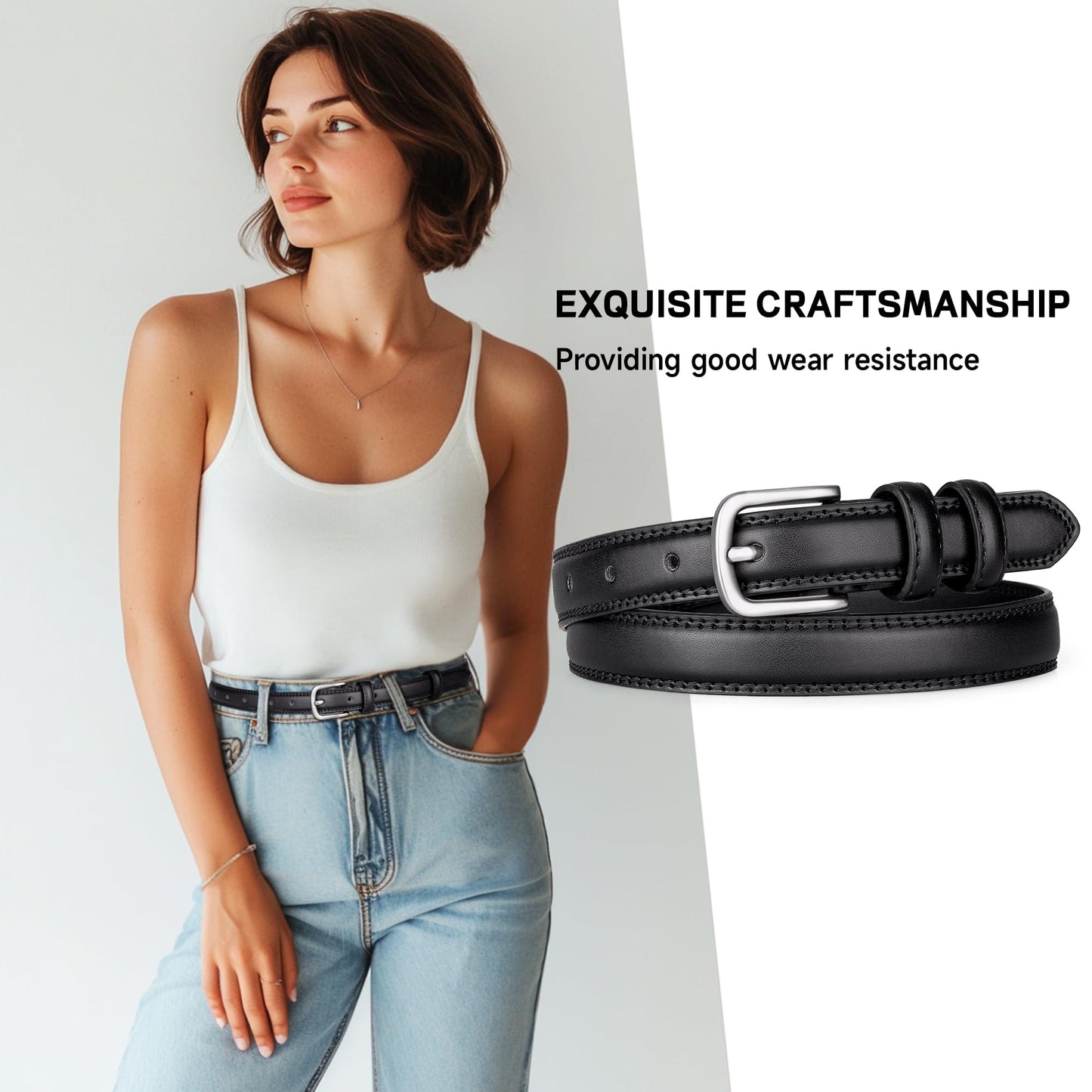Alphyly Neries 2 Pack Leather Belts for Women Trendy, Women's Belts for Jeans Pants Dresses with Silver Buckle, Black and Brown, Fits Waist Size 26-31”