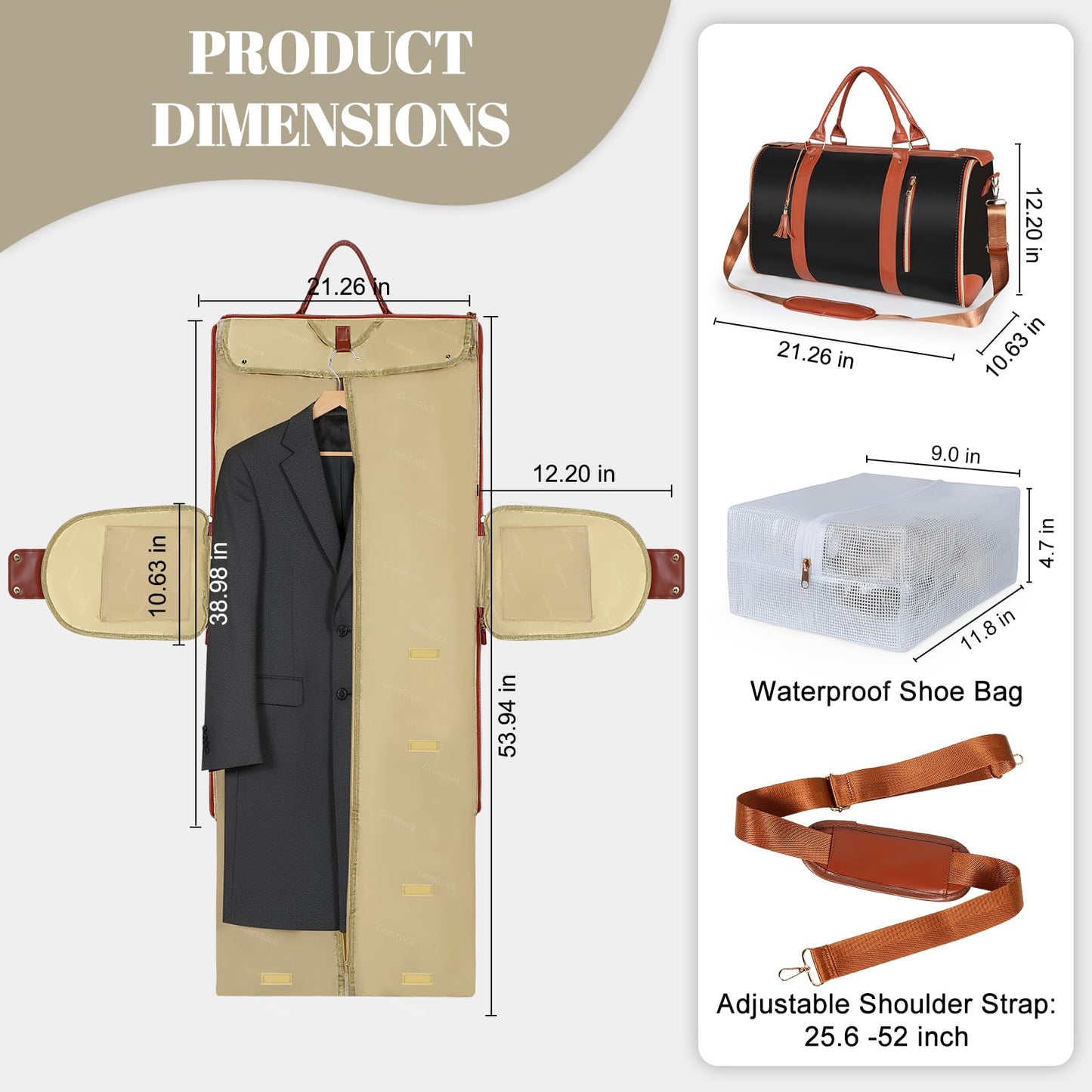 Geestock Garment Duffle Bags for Travel, Convertible Carry On Garment Bag with Shoe Pouch & Shoulder Strap, 2 in 1 Foldable PU Leather Suit Travel Bag for Women & Men, Black