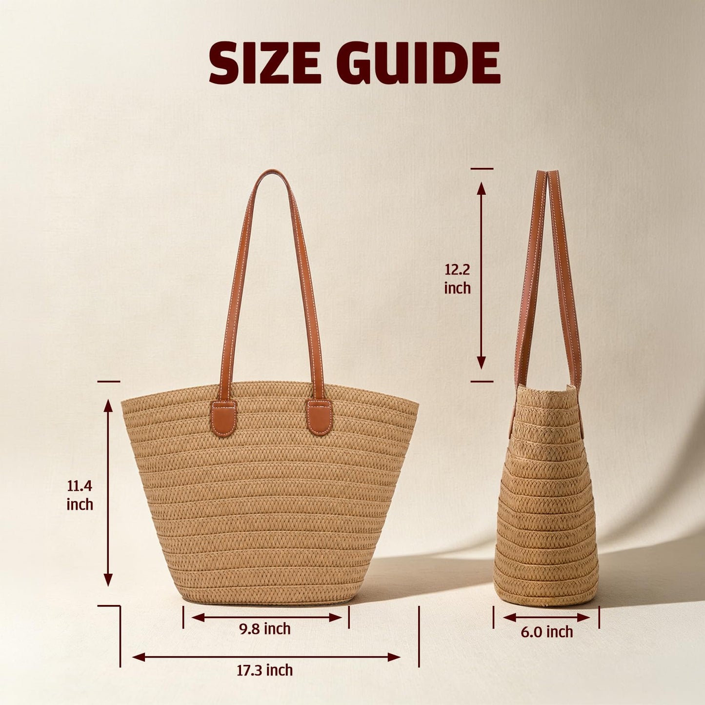 OKoriensuntek Straw Tote Bag for Women, Large Woven Beach Bag with Leather Shoulder Straps, Zippered Summer Tote Bag for Beach, Travel, Everyday Use，Brown