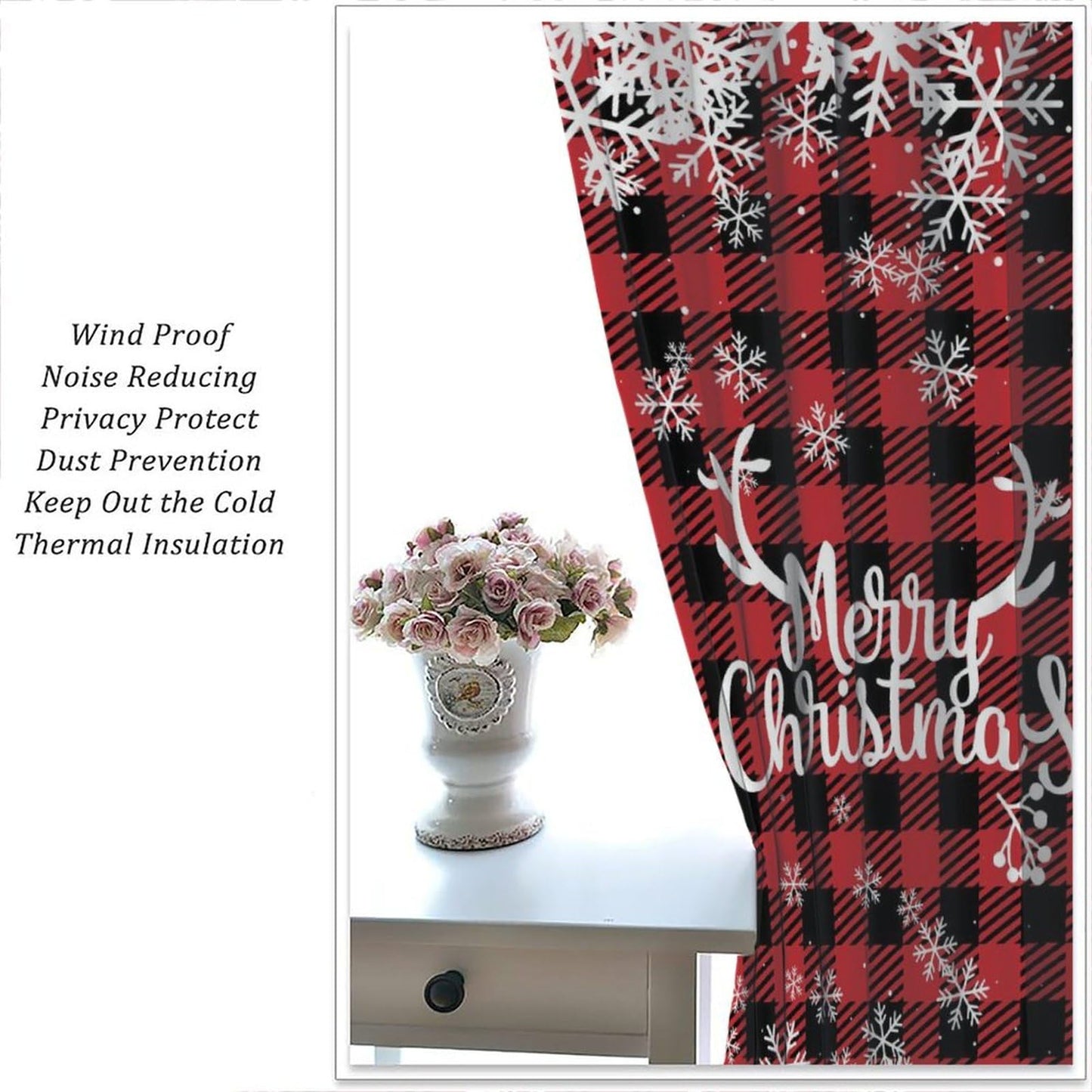 Christmas Curtains, Snowflake Decoration Printed Tartan Fabric, Bedroom Living Room Kitchen Dining Room Decor Curtains Window Treatment 2 Panels Set Total Size 42" W X 45" L Inch