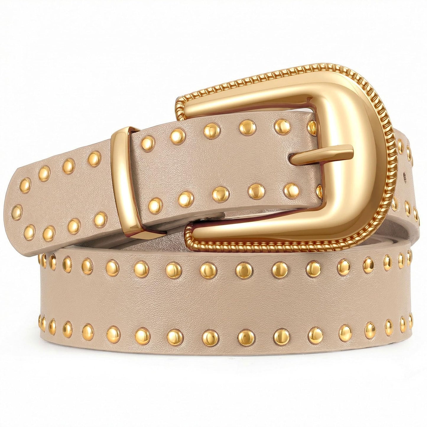 JASGOOD Women Western Belt with Gold Buckle Leather Wide Belts for Jeans Ladies Beige Punk Studded Waist Belts 1.1" Width