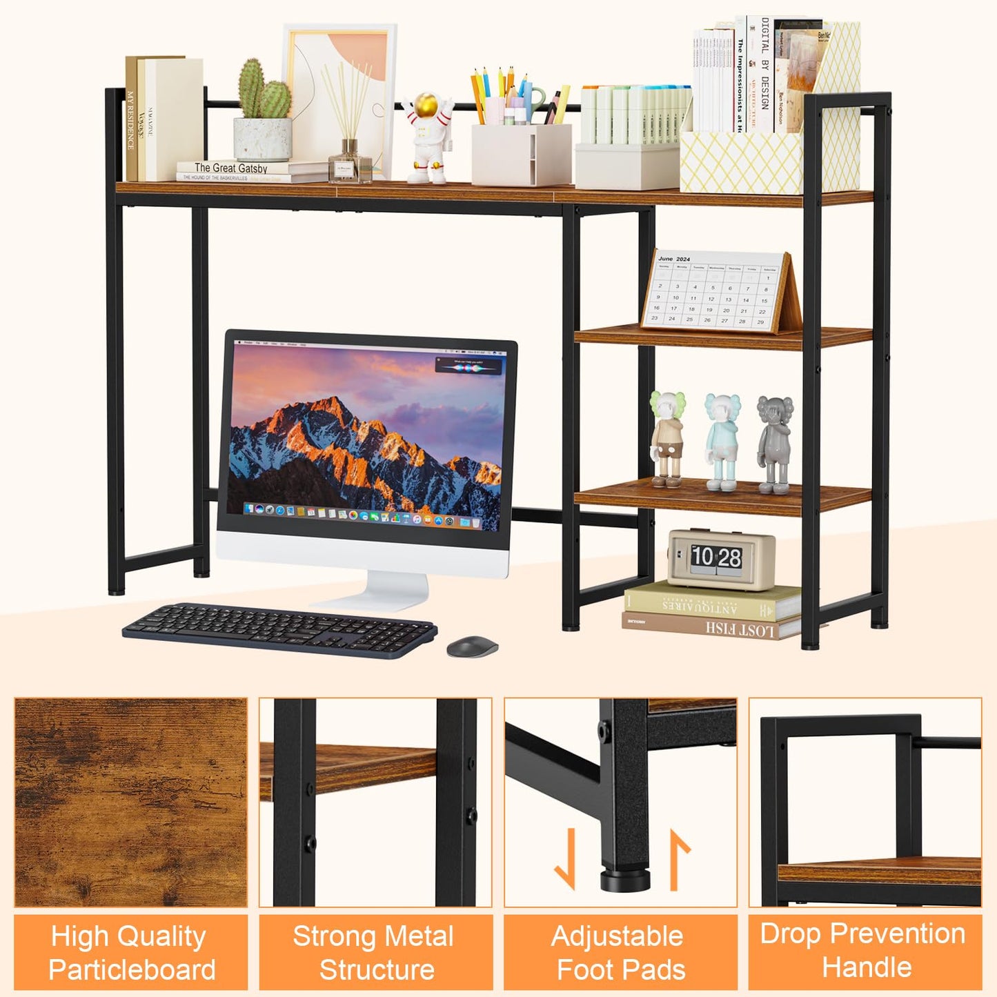Snughome Desk Shelf, 44.9" Large Desktop Organizer Shelf, Desk Hutch for Computer Monitor, 4 Tier Desk Top Display Rack, Wood Desktop Bookshelf Storage Rack for Home Office Dorm