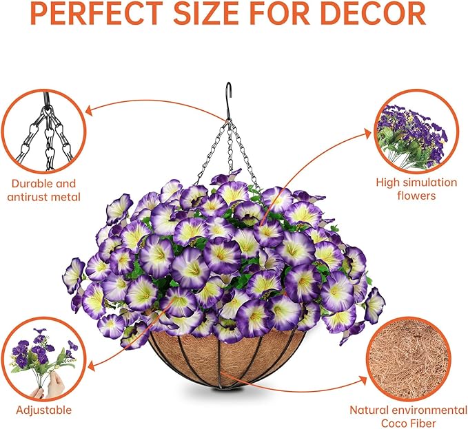 Artificial Hanging Flowers Basket, Fake Plants, Faux Silk Petunias Eucalyptus, for Spring Summer Outdoor Decoration, UV Resistant, Coconut Planter wtih Morning Glories, for Patio Garden Decor (Purple)