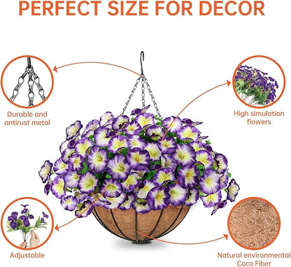 Artificial Hanging Flowers Basket, Fake Plants, Faux Silk Petunias Eucalyptus, for Spring Summer Outdoor Decoration, UV Resistant, Coconut Planter wtih Morning Glories, for Patio Garden Decor (Purple)