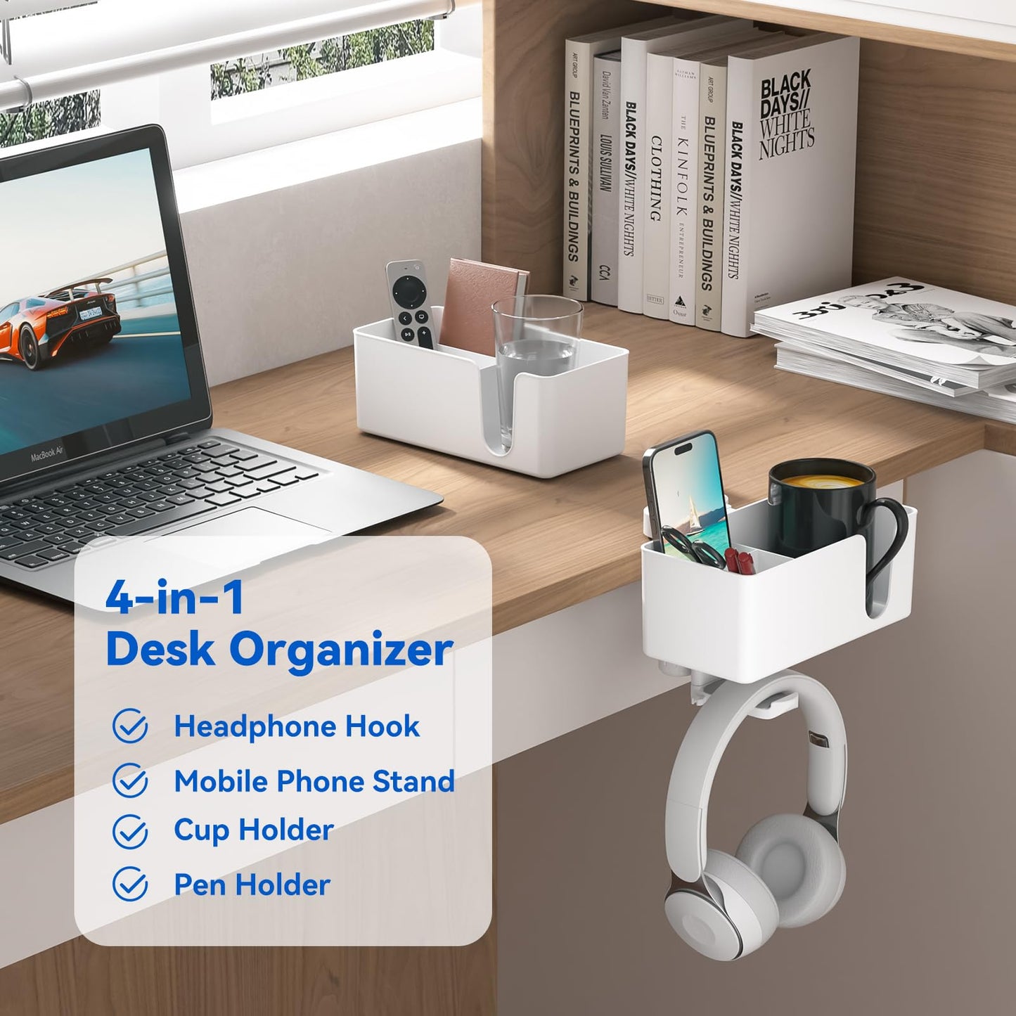 KDD 4-in-1 Desk Organizer - Under Desk Cup Holder and Headphone Hanger with 2 Wire Holes - Rotating Hanger and Detachable Storage for Cup, Phone and Pen (White)